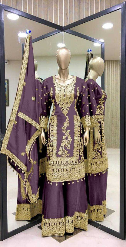 Chinon Silk Kesh123 5146 Suits & Dresses Islamic Clothing  Pakistani Embroidery Palazzo Ladies Silk Suits