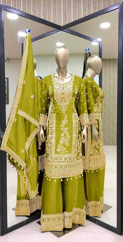 Chinon Silk Kesh123 5146 Suits & Dresses Islamic Clothing  Pakistani Embroidery Palazzo Ladies Silk Suits