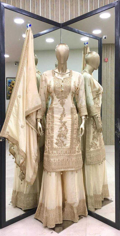 Chinon Silk Kesh123 5146 Suits & Dresses Islamic Clothing  Pakistani Embroidery Palazzo Ladies Silk Suits