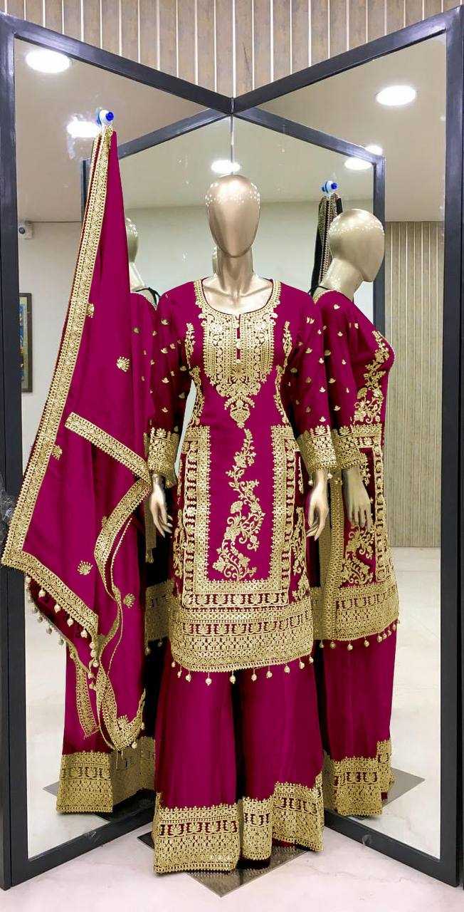 Chinon Silk Kesh123 5146 Suits & Dresses Islamic Clothing  Pakistani Embroidery Palazzo Ladies Silk Suits