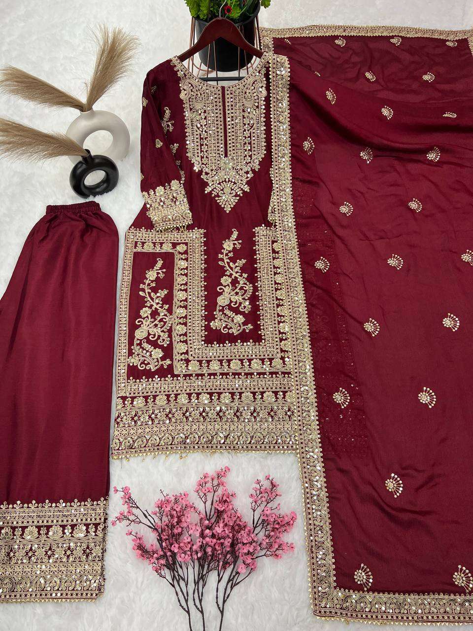 Chinon Silk Kesh123 5146 Suits & Dresses Islamic Clothing  Pakistani Embroidery Palazzo Ladies Silk Suits