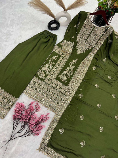 Chinon Silk Kesh123 5146 Suits & Dresses Islamic Clothing  Pakistani Embroidery Palazzo Ladies Silk Suits