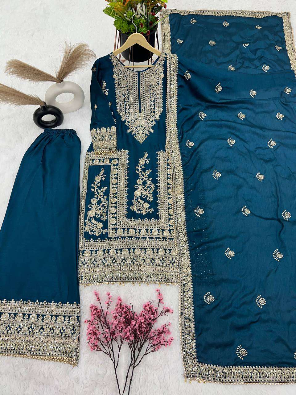 Chinon Silk Kesh123 5146 Suits & Dresses Islamic Clothing  Pakistani Embroidery Palazzo Ladies Silk Suits