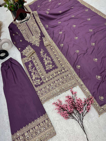 Chinon Silk Kesh123 5146 Suits & Dresses Islamic Clothing  Pakistani Embroidery Palazzo Ladies Silk Suits