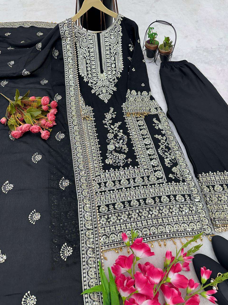 Chinon Silk Kesh123 5146 Suits & Dresses Islamic Clothing  Pakistani Embroidery Palazzo Ladies Silk Suits