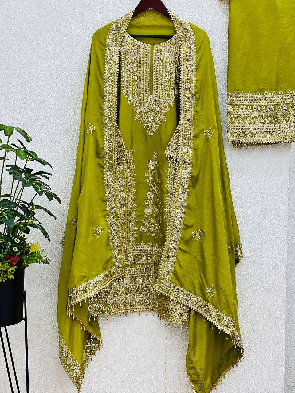 Chinon Silk Kesh123 5146 Suits & Dresses Islamic Clothing  Pakistani Embroidery Palazzo Ladies Silk Suits