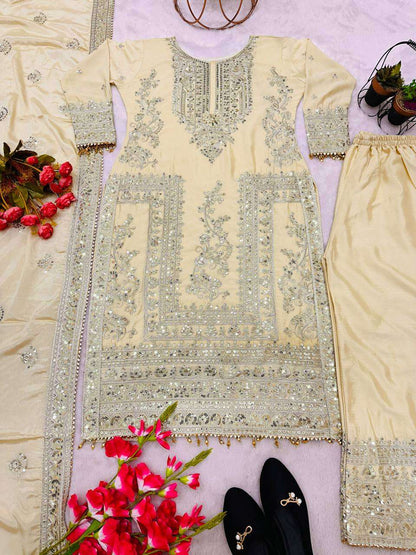 Chinon Silk Kesh123 5146 Suits & Dresses Islamic Clothing  Pakistani Embroidery Palazzo Ladies Silk Suits