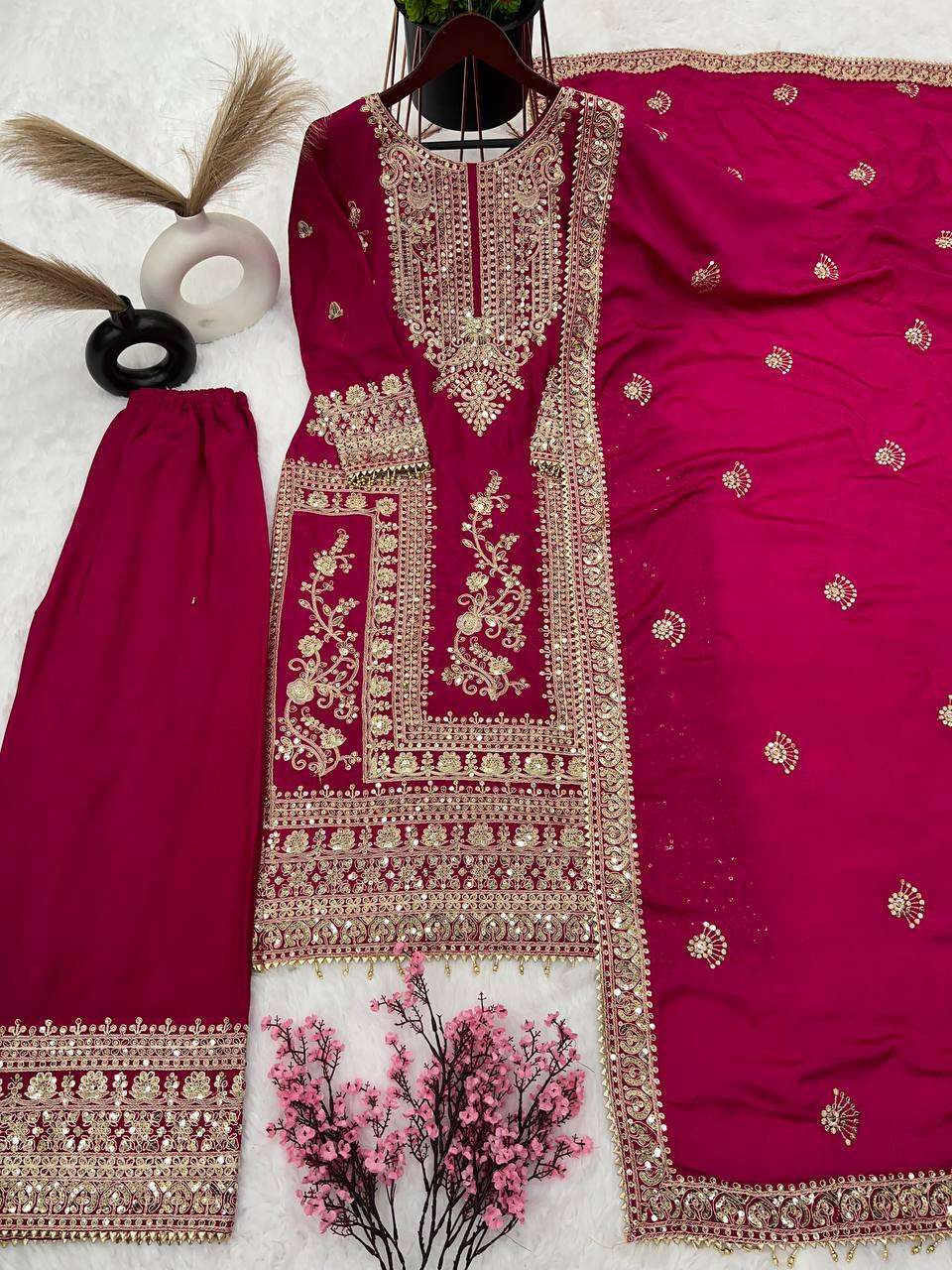 Chinon Silk Kesh123 5146 Suits & Dresses Islamic Clothing  Pakistani Embroidery Palazzo Ladies Silk Suits