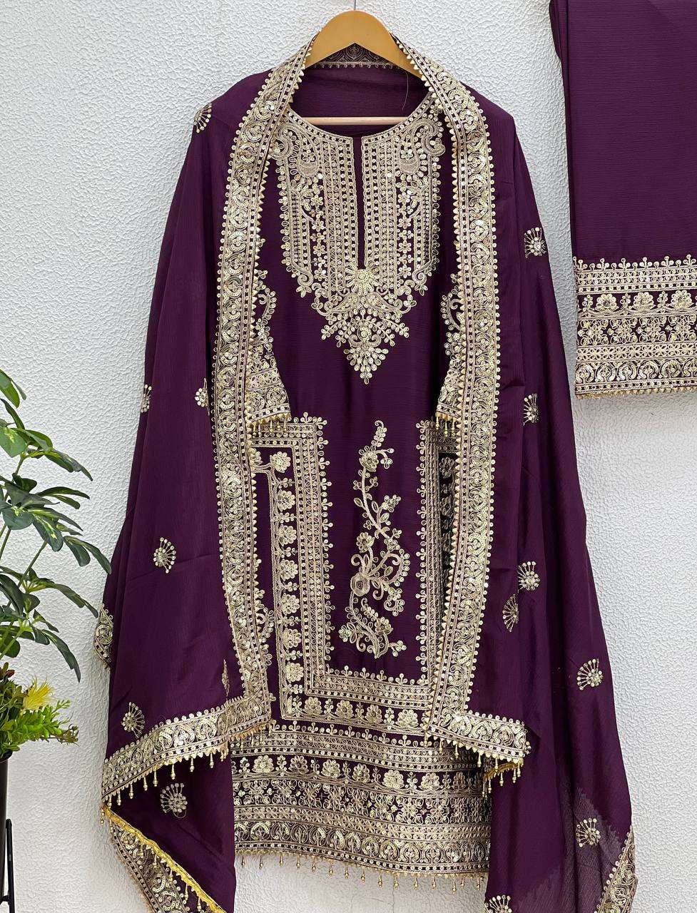 Chinon Silk Kesh123 5146 Suits & Dresses Islamic Clothing  Pakistani Embroidery Palazzo Ladies Silk Suits