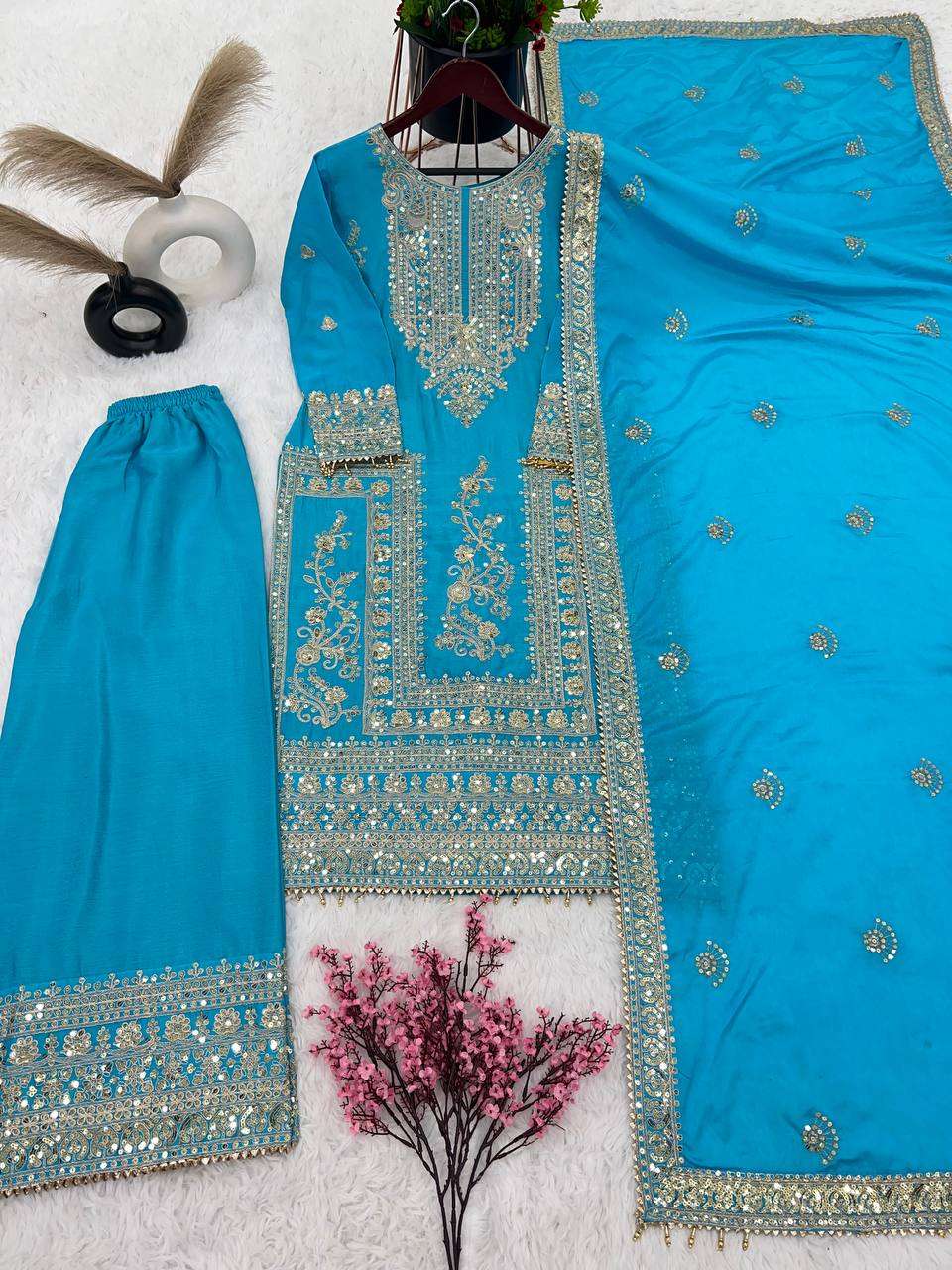 Chinon Silk Kesh123 5146 Suits & Dresses Islamic Clothing  Pakistani Embroidery Palazzo Ladies Silk Suits