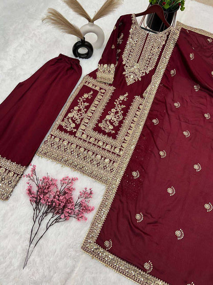 Chinon Silk Kesh123 5146 Suits & Dresses Islamic Clothing  Pakistani Embroidery Palazzo Ladies Silk Suits