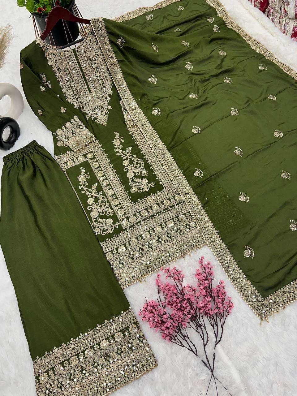 Chinon Silk Kesh123 5146 Suits & Dresses Islamic Clothing  Pakistani Embroidery Palazzo Ladies Silk Suits