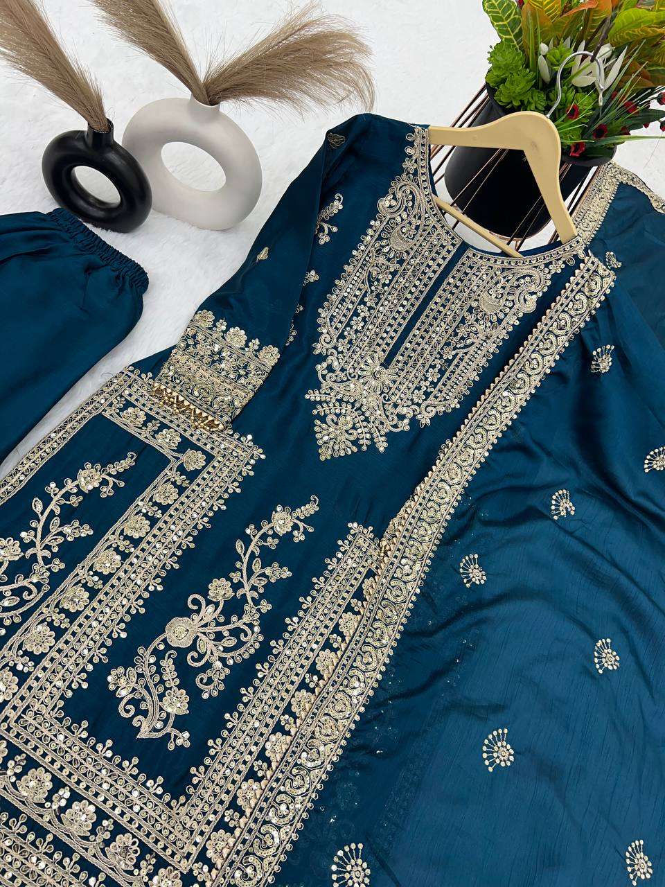 Chinon Silk Kesh123 5146 Suits & Dresses Islamic Clothing  Pakistani Embroidery Palazzo Ladies Silk Suits