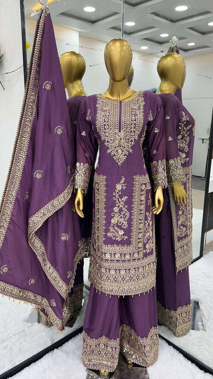 Chinon Silk Kesh123 5146 Suits & Dresses Islamic Clothing  Pakistani Embroidery Palazzo Ladies Silk Suits