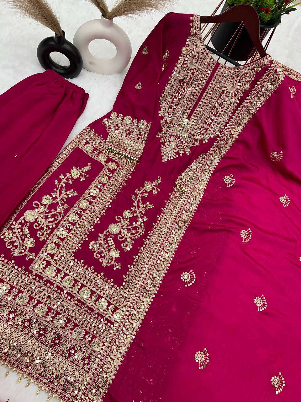 Chinon Silk Kesh123 5146 Suits & Dresses Islamic Clothing  Pakistani Embroidery Palazzo Ladies Silk Suits