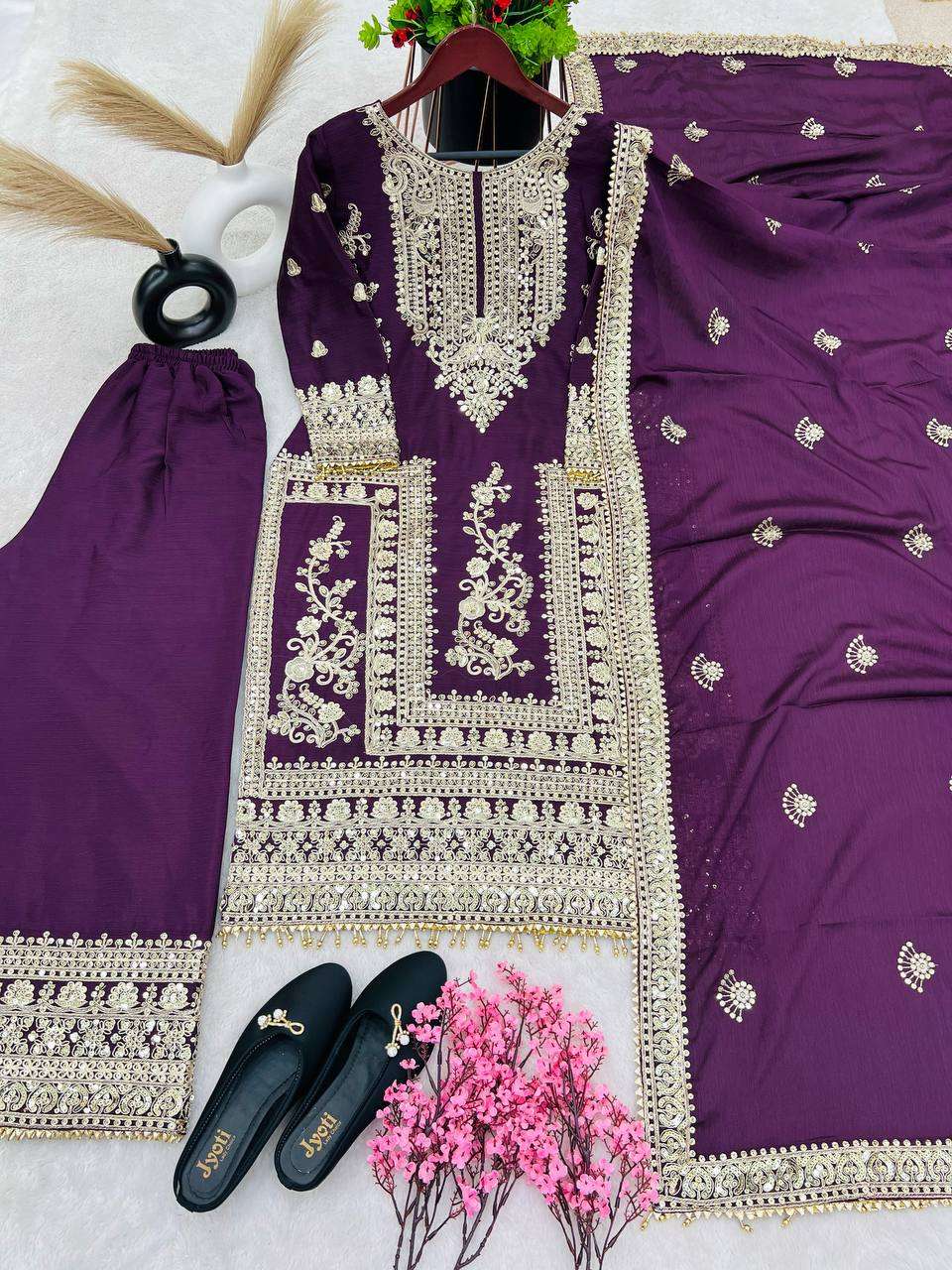 Chinon Silk Kesh123 5146 Suits & Dresses Islamic Clothing  Pakistani Embroidery Palazzo Ladies Silk Suits