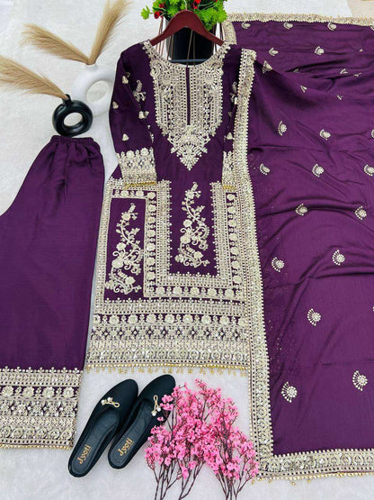 Chinon Silk Kesh123 5146 Suits & Dresses Islamic Clothing  Pakistani Embroidery Palazzo Ladies Silk Suits