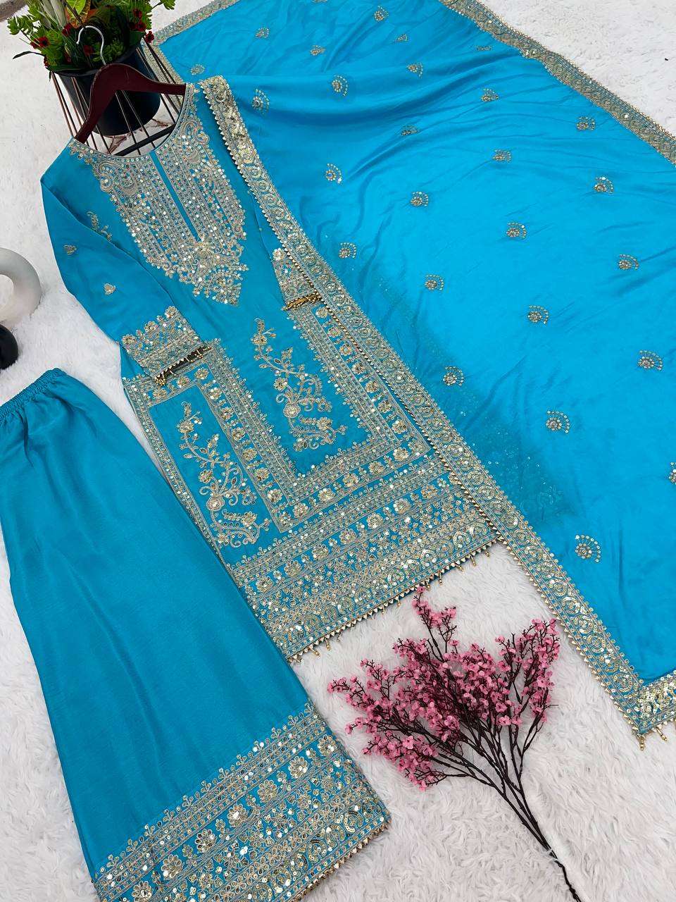 Chinon Silk Kesh123 5146 Suits & Dresses Islamic Clothing  Pakistani Embroidery Palazzo Ladies Silk Suits