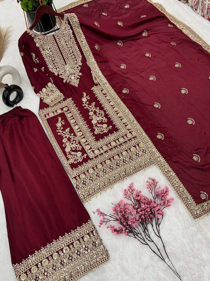 Chinon Silk Kesh123 5146 Suits & Dresses Islamic Clothing  Pakistani Embroidery Palazzo Ladies Silk Suits