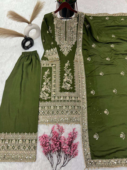 Chinon Silk Kesh123 5146 Suits & Dresses Islamic Clothing  Pakistani Embroidery Palazzo Ladies Silk Suits