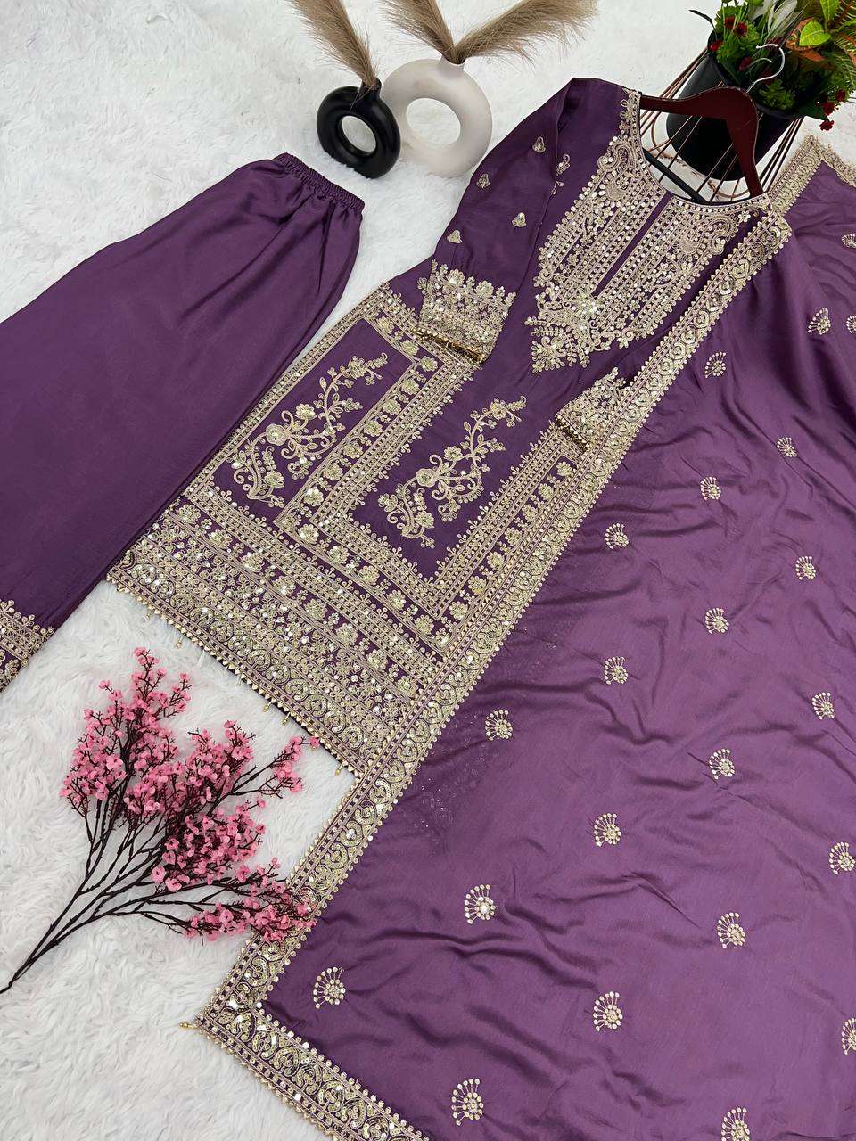 Chinon Silk Kesh123 5146 Suits & Dresses Islamic Clothing  Pakistani Embroidery Palazzo Ladies Silk Suits