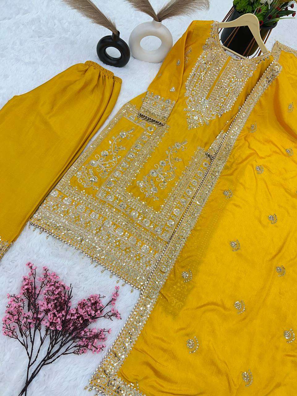 Chinon Silk Kesh123 5146 Suits & Dresses Islamic Clothing  Pakistani Embroidery Palazzo Ladies Silk Suits