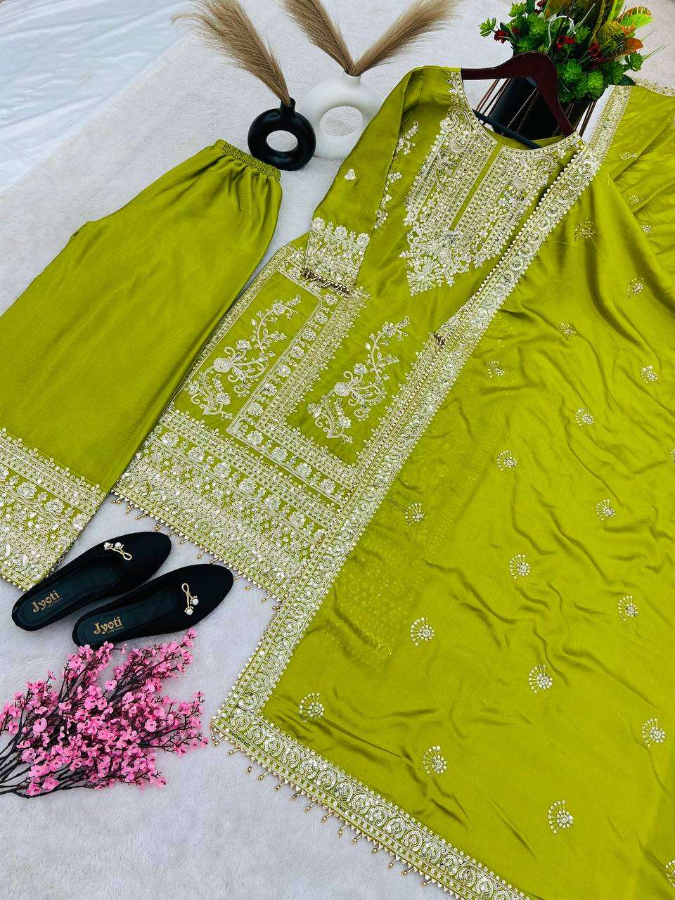 Chinon Silk Kesh123 5146 Suits & Dresses Islamic Clothing  Pakistani Embroidery Palazzo Ladies Silk Suits