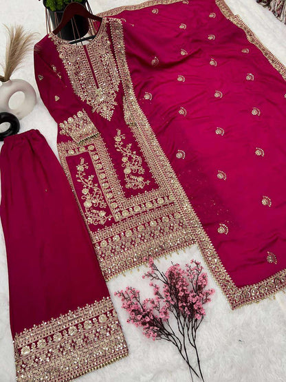 Chinon Silk Kesh123 5146 Suits & Dresses Islamic Clothing  Pakistani Embroidery Palazzo Ladies Silk Suits