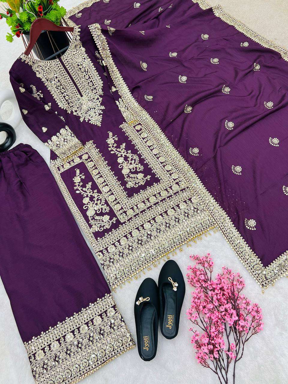 Chinon Silk Kesh123 5146 Suits & Dresses Islamic Clothing  Pakistani Embroidery Palazzo Ladies Silk Suits