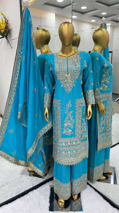 Chinon Silk Kesh123 5146 Suits & Dresses Islamic Clothing  Pakistani Embroidery Palazzo Ladies Silk Suits