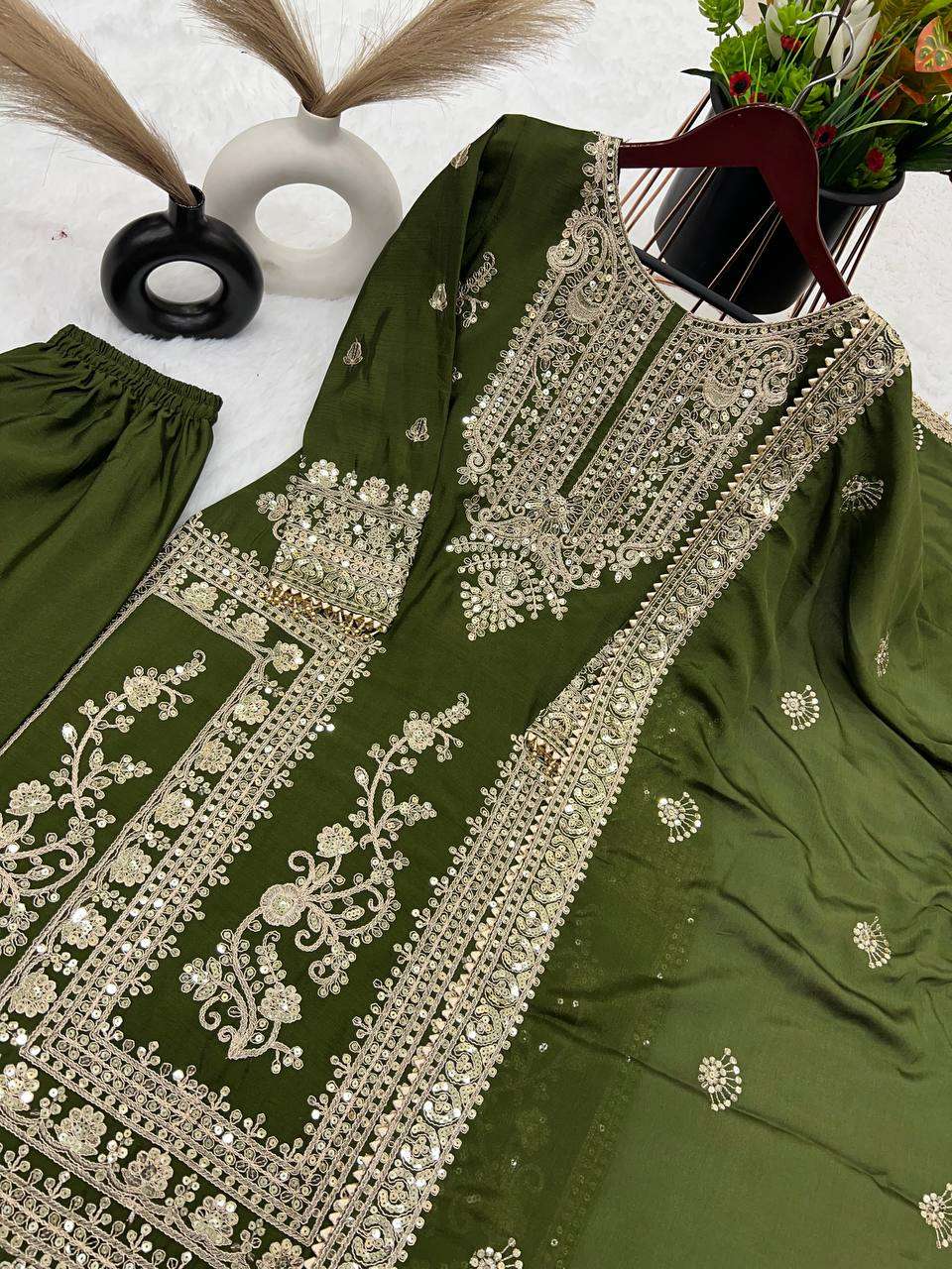 Chinon Silk Kesh123 5146 Suits & Dresses Islamic Clothing  Pakistani Embroidery Palazzo Ladies Silk Suits