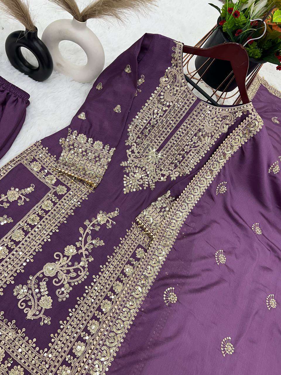 Chinon Silk Kesh123 5146 Suits & Dresses Islamic Clothing  Pakistani Embroidery Palazzo Ladies Silk Suits