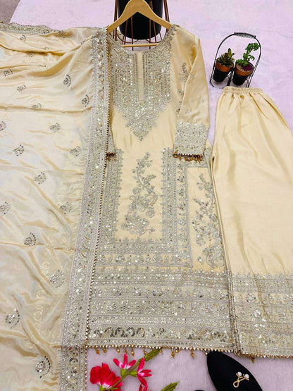 Chinon Silk Kesh123 5146 Suits & Dresses Islamic Clothing  Pakistani Embroidery Palazzo Ladies Silk Suits