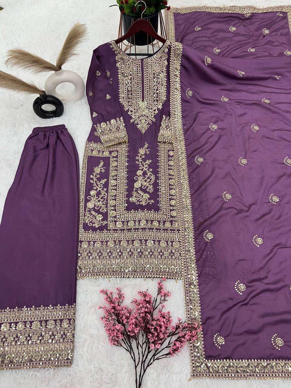 Chinon Silk Kesh123 5146 Suits & Dresses Islamic Clothing  Pakistani Embroidery Palazzo Ladies Silk Suits