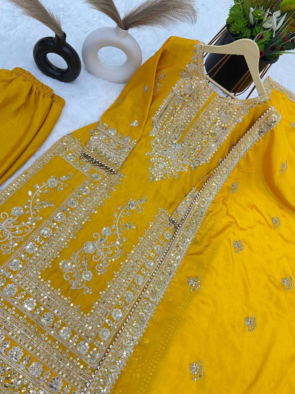 Chinon Silk Kesh123 5146 Suits & Dresses Islamic Clothing  Pakistani Embroidery Palazzo Ladies Silk Suits