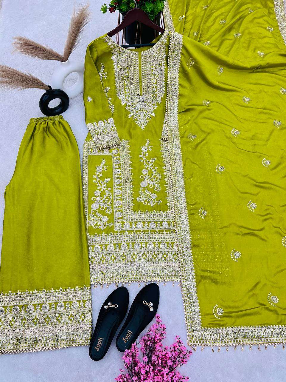 Chinon Silk Kesh123 5146 Suits & Dresses Islamic Clothing  Pakistani Embroidery Palazzo Ladies Silk Suits