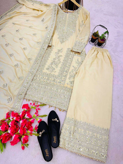 Chinon Silk Kesh123 5146 Suits & Dresses Islamic Clothing  Pakistani Embroidery Palazzo Ladies Silk Suits