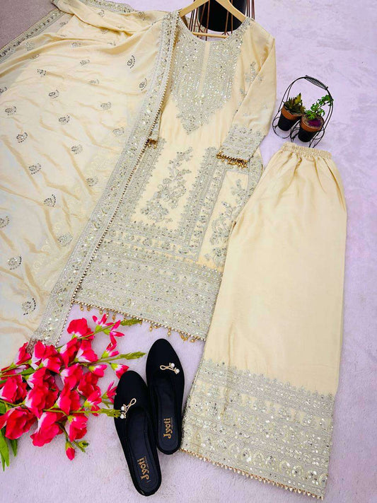 Chinon Silk Kesh123 5146 Suits & Dresses Islamic Clothing  Pakistani Embroidery Palazzo Ladies Silk Suits