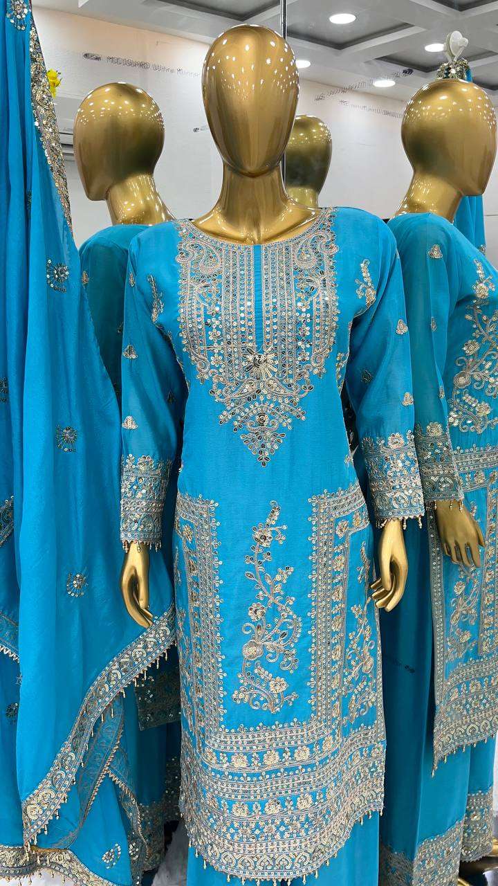 Chinon Silk Kesh123 5146 Suits & Dresses Islamic Clothing  Pakistani Embroidery Palazzo Ladies Silk Suits