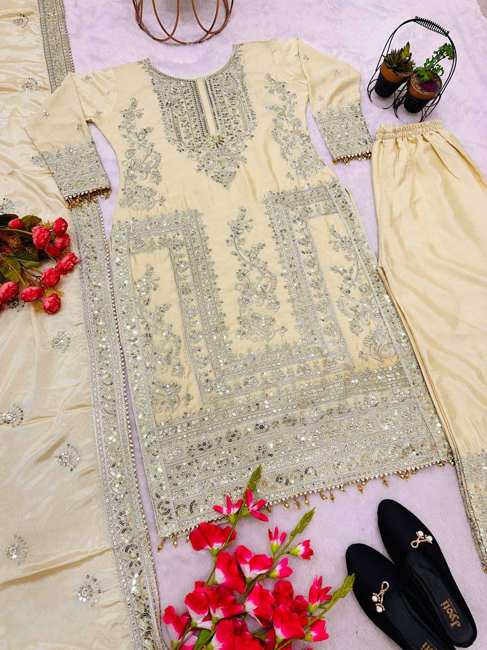 Chinon Silk Kesh123 5146 Suits & Dresses Islamic Clothing  Pakistani Embroidery Palazzo Ladies Silk Suits