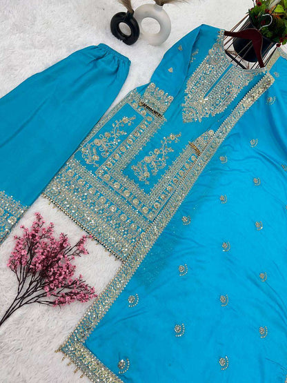 Chinon Silk Kesh123 5146 Suits & Dresses Islamic Clothing  Pakistani Embroidery Palazzo Ladies Silk Suits