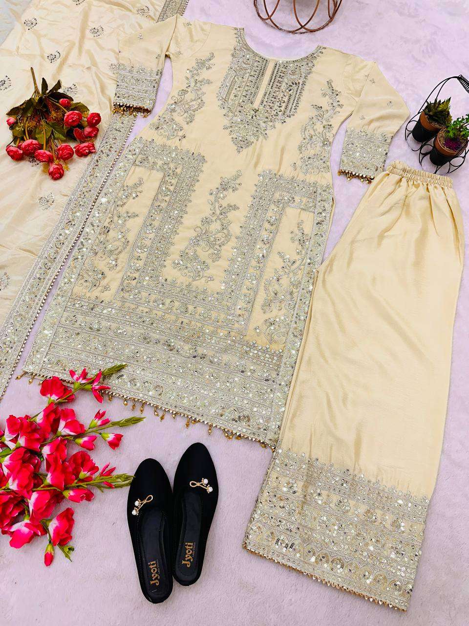 Chinon Silk Kesh123 5146 Suits & Dresses Islamic Clothing  Pakistani Embroidery Palazzo Ladies Silk Suits