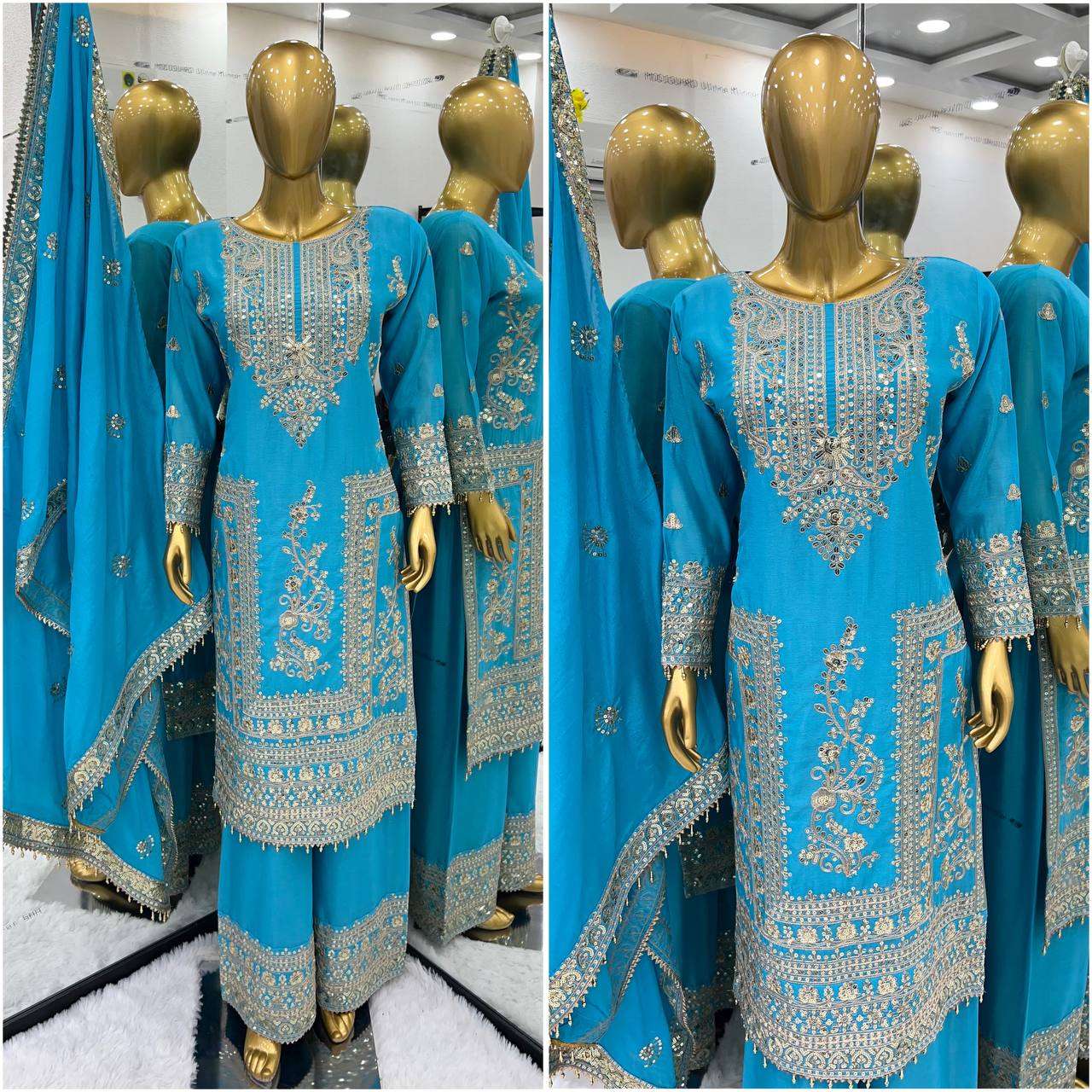 Chinon Silk Kesh123 5146 Suits & Dresses Islamic Clothing  Pakistani Embroidery Palazzo Ladies Silk Suits