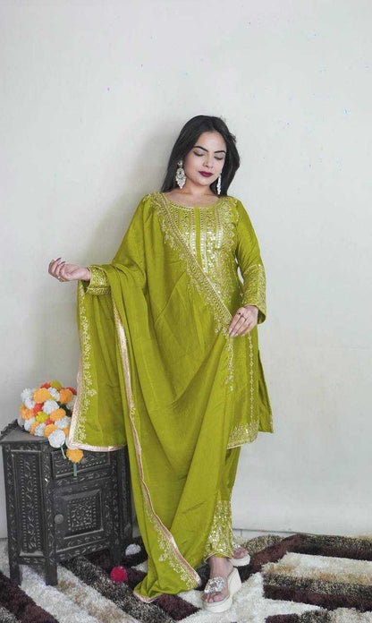 Chinon Silk Kesh123 5151 Suits & Dresses Islamic Clothing  Pakistani Embroidery Party Wear Ladies Silk Suits