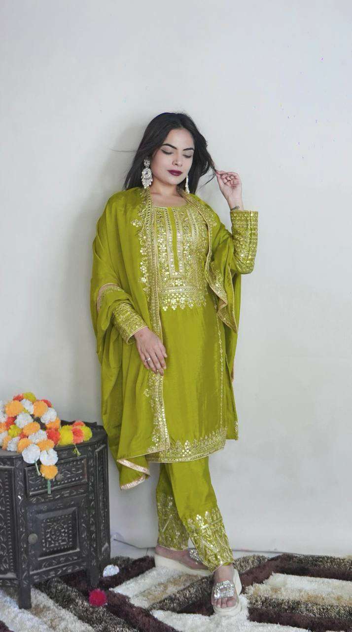 Chinon Silk Kesh123 5151 Suits & Dresses Islamic Clothing  Pakistani Embroidery Party Wear Ladies Silk Suits