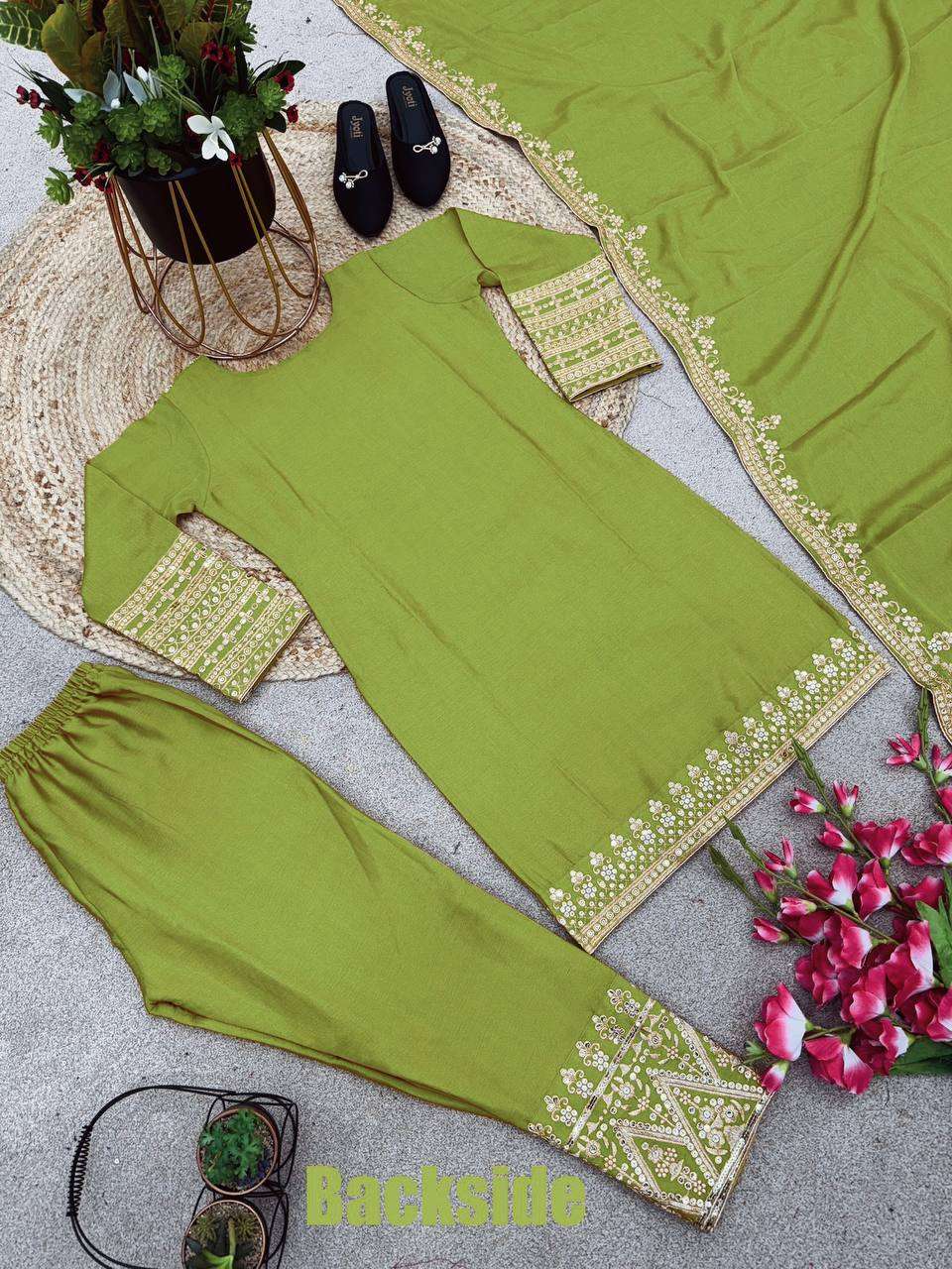 Chinon Silk Kesh123 5151 Suits & Dresses Islamic Clothing  Pakistani Embroidery Party Wear Ladies Silk Suits