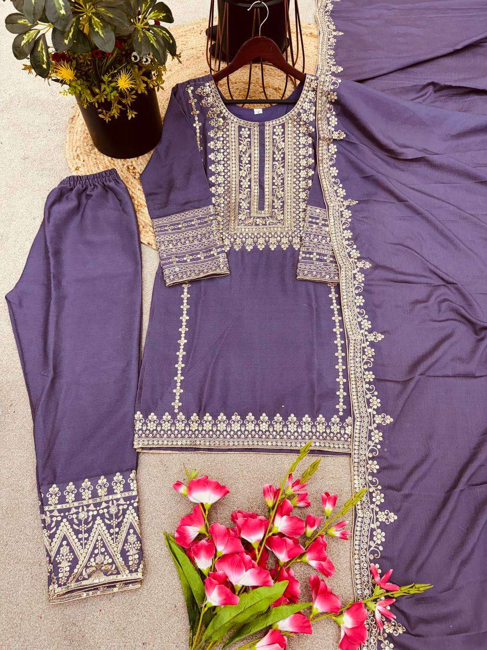 Chinon Silk Kesh123 5151 Suits & Dresses Islamic Clothing  Pakistani Embroidery Party Wear Ladies Silk Suits