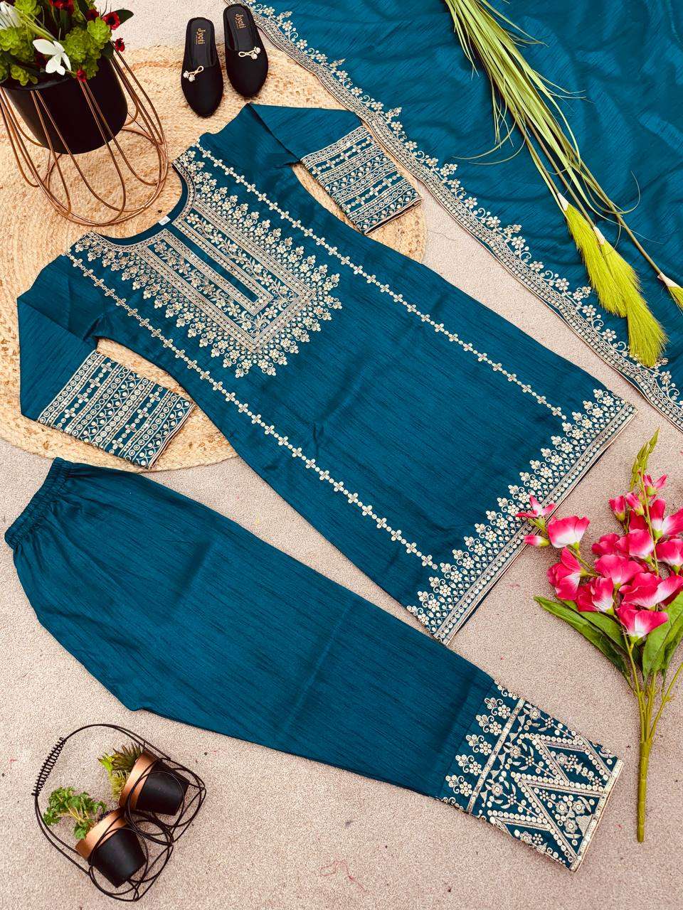 Chinon Silk Kesh123 5151 Suits & Dresses Islamic Clothing  Pakistani Embroidery Party Wear Ladies Silk Suits