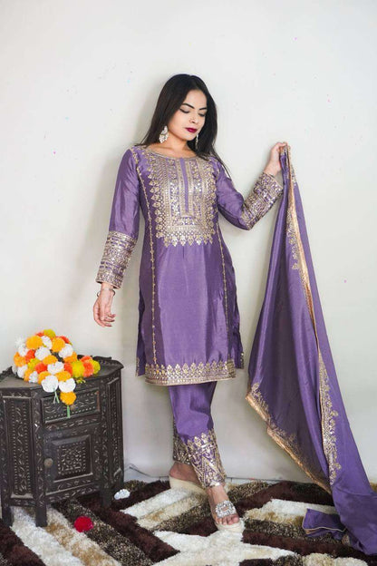 Chinon Silk Kesh123 5151 Suits & Dresses Islamic Clothing  Pakistani Embroidery Party Wear Ladies Silk Suits