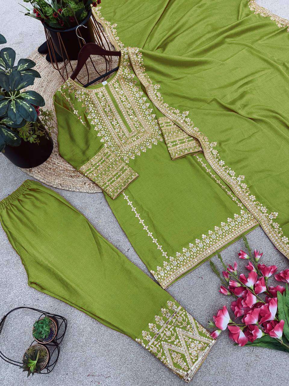 Chinon Silk Kesh123 5151 Suits & Dresses Islamic Clothing  Pakistani Embroidery Party Wear Ladies Silk Suits